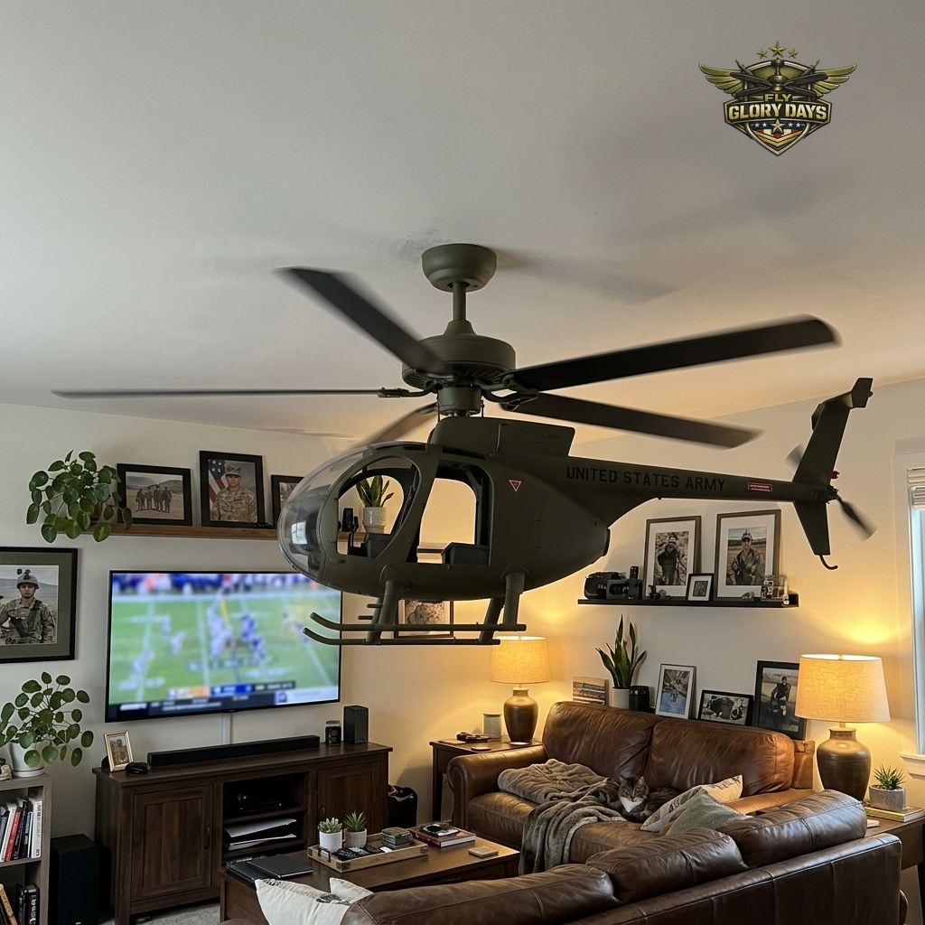 Helicopter fan mounted in living room man-cave