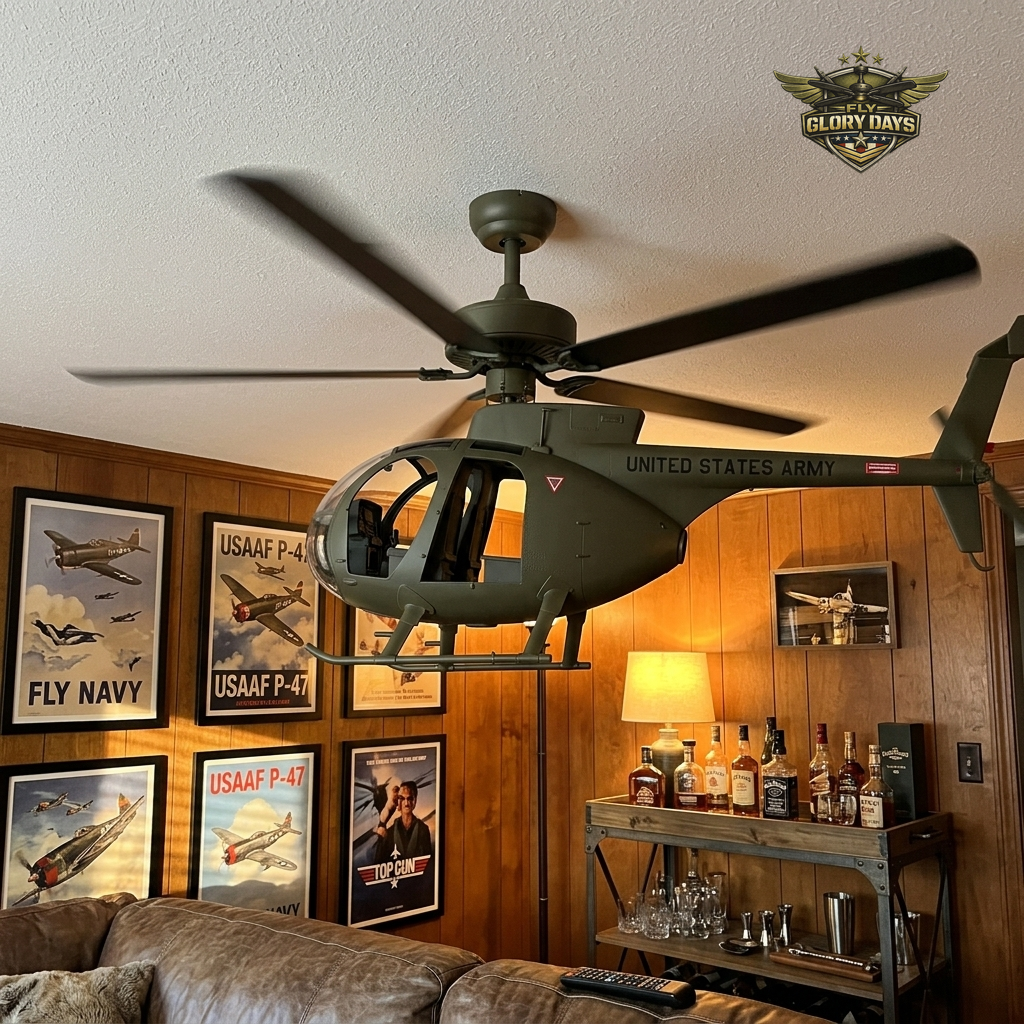 Helicopter fan in wood-panel man-cave